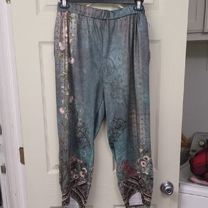 Boho Floral Print Elastic-Waist Pants in Teal